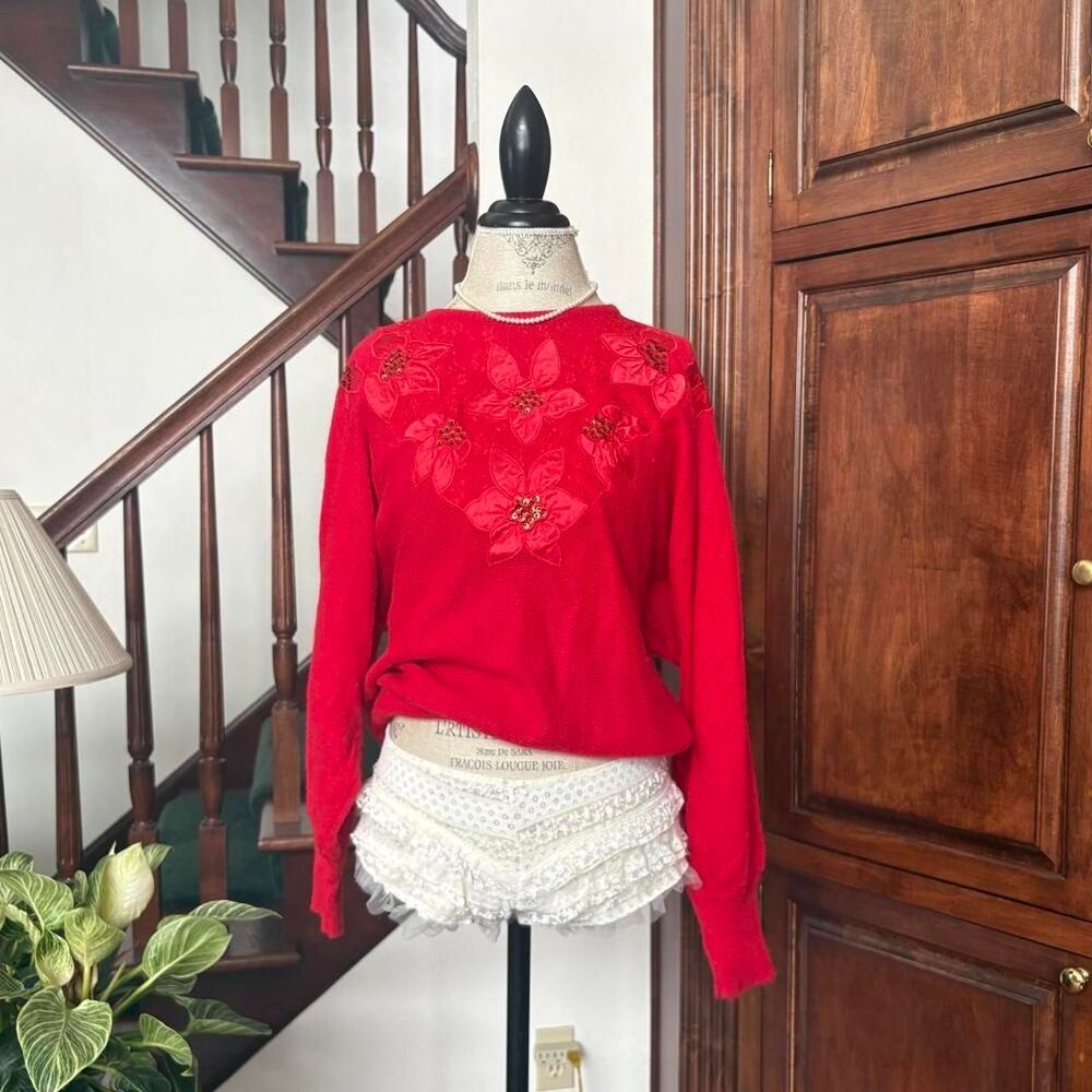 Vintage Red Poinsettia Holiday Retro 1980s Sweater Jumper Diana Marco